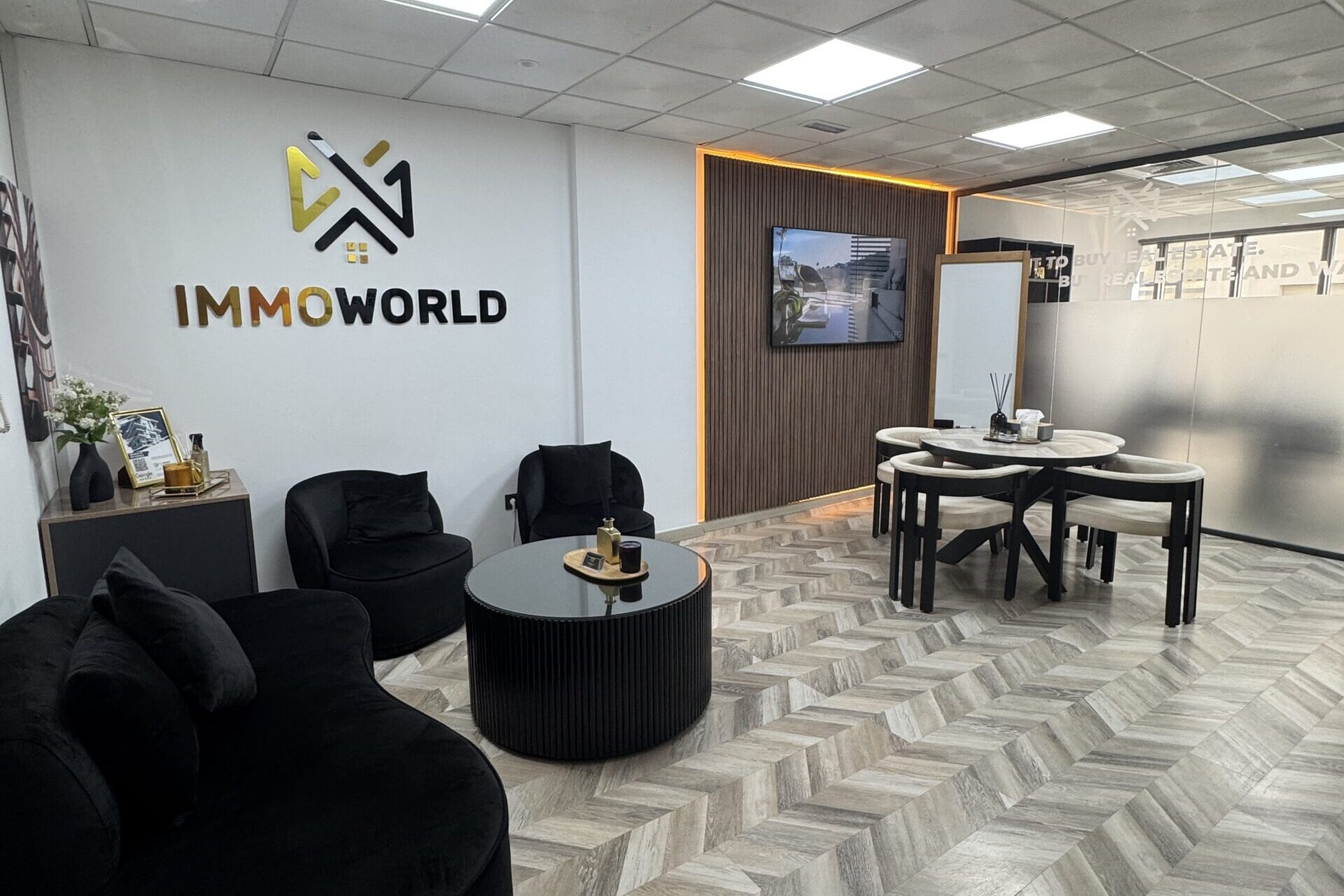 Modern reception area of ImmoWorld office in Tangier, welcoming real estate clients